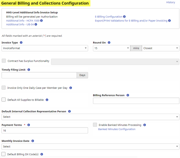 The General Billing and Collections Configuration section displays fields for billing configuration definitions and settings.
